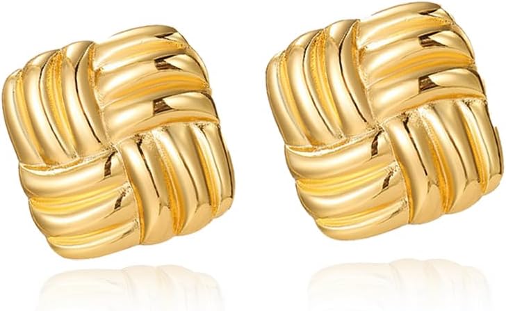Gold Statement Chunky Stud Earrings for Women,Geometric Square Textured Vintage Trendy Jewelry