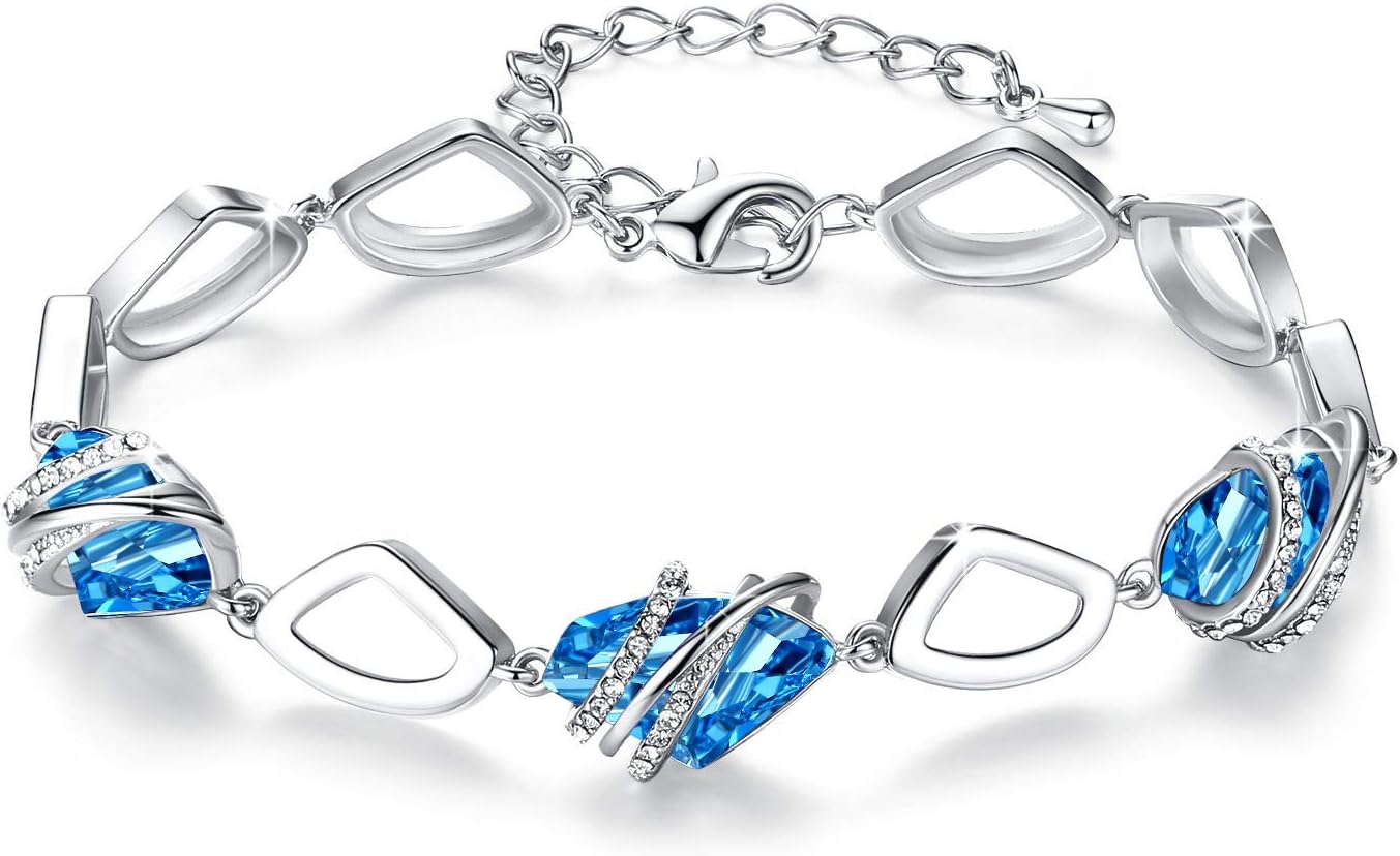 Leafael Wishstone Crystal Link Charm Bracelet, Birthstone Bracelets with Healing Crystals, Allergy-Free Jewellery for Women with Gift Box, Silver-Tone or Rose Gold Plated Bracelets For Women
