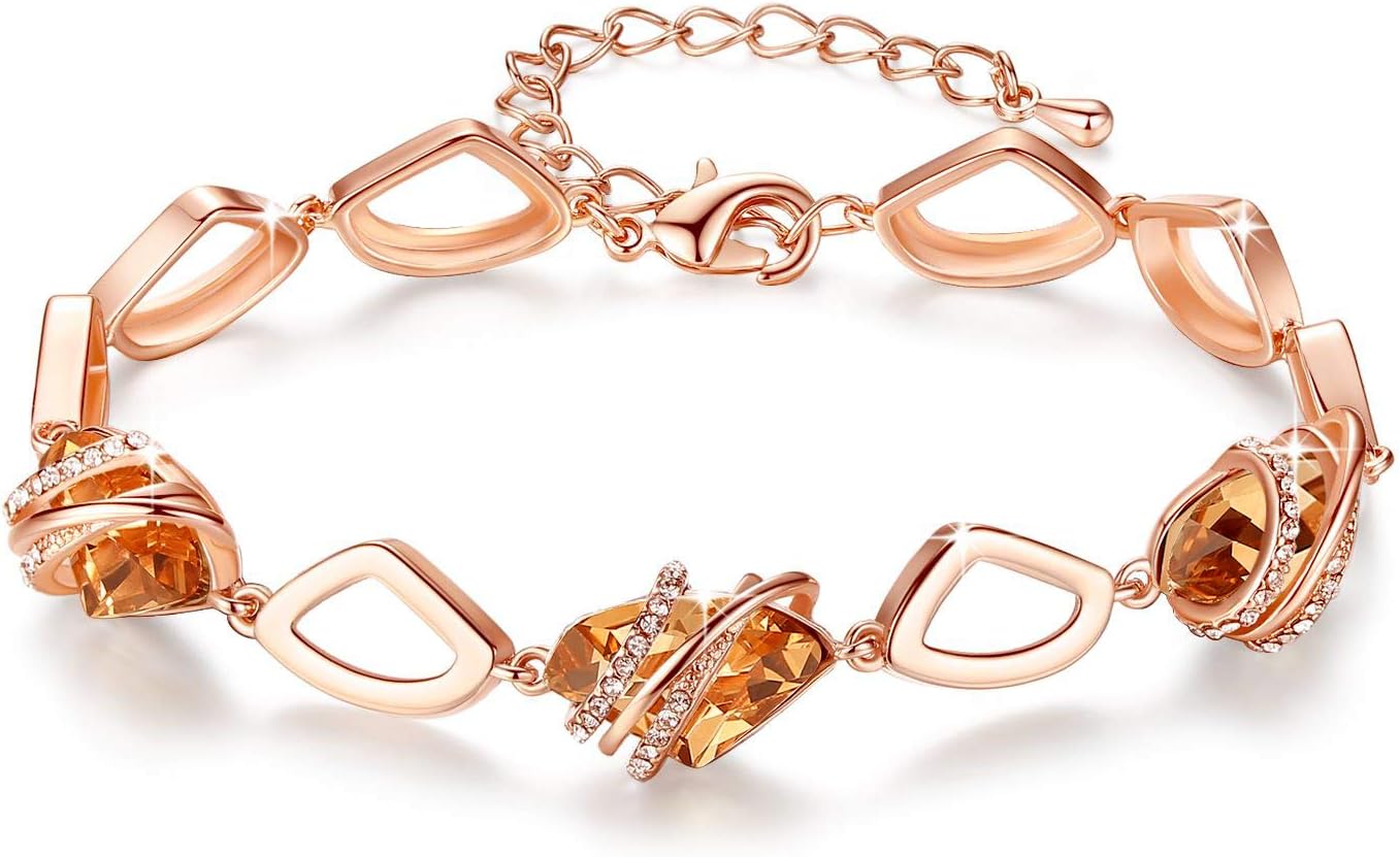 Leafael Wishstone Crystal Link Charm Bracelet, Birthstone Bracelets with Healing Crystals, Allergy-Free Jewellery for Women with Gift Box, Silver-Tone or Rose Gold Plated Bracelets For Women
