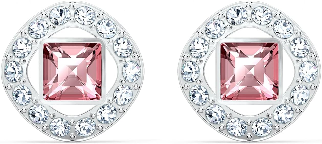 Swarovski Amazon Exclusive Una Angelic Stud Earrings Collection, Square Cut, Blue, Pink or White Crystals in a Rhodium Plated Setting