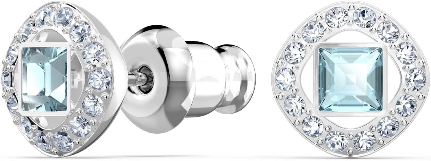 Swarovski Amazon Exclusive Una Angelic Stud Earrings Collection, Square Cut, Blue, Pink or White Crystals in a Rhodium Plated Setting