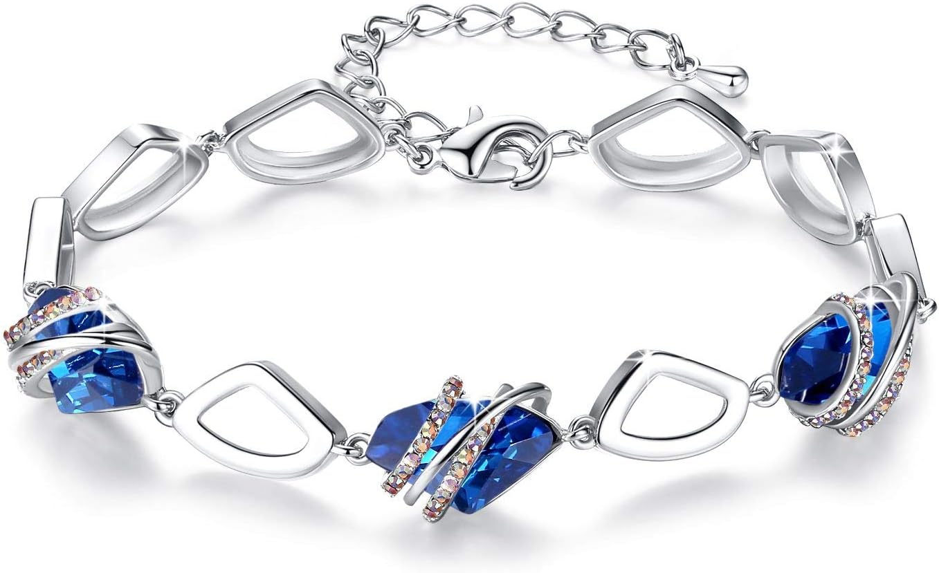 Leafael Wishstone Crystal Link Charm Bracelet, Birthstone Bracelets with Healing Crystals, Allergy-Free Jewellery for Women with Gift Box, Silver-Tone or Rose Gold Plated Bracelets For Women