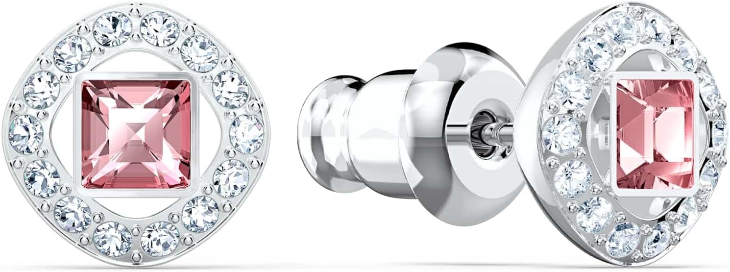 Swarovski Amazon Exclusive Una Angelic Stud Earrings Collection, Square Cut, Blue, Pink or White Crystals in a Rhodium Plated Setting
