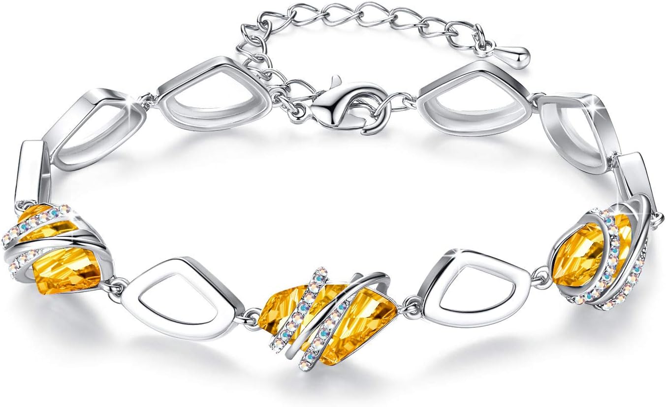 Leafael Wishstone Crystal Link Charm Bracelet, Birthstone Bracelets with Healing Crystals, Allergy-Free Jewellery for Women with Gift Box, Silver-Tone or Rose Gold Plated Bracelets For Women