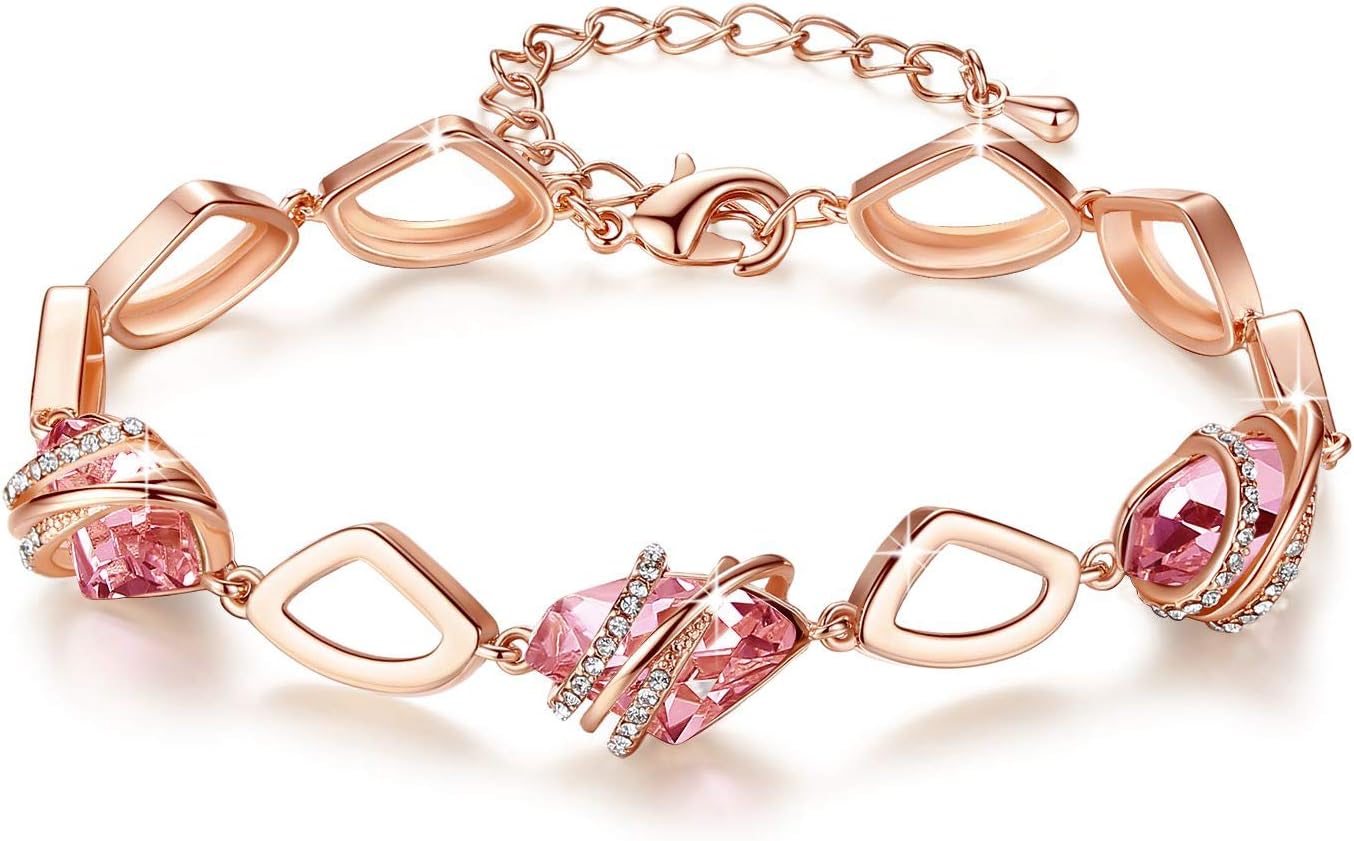 Leafael Wishstone Crystal Link Charm Bracelet, Birthstone Bracelets with Healing Crystals, Allergy-Free Jewellery for Women with Gift Box, Silver-Tone or Rose Gold Plated Bracelets For Women