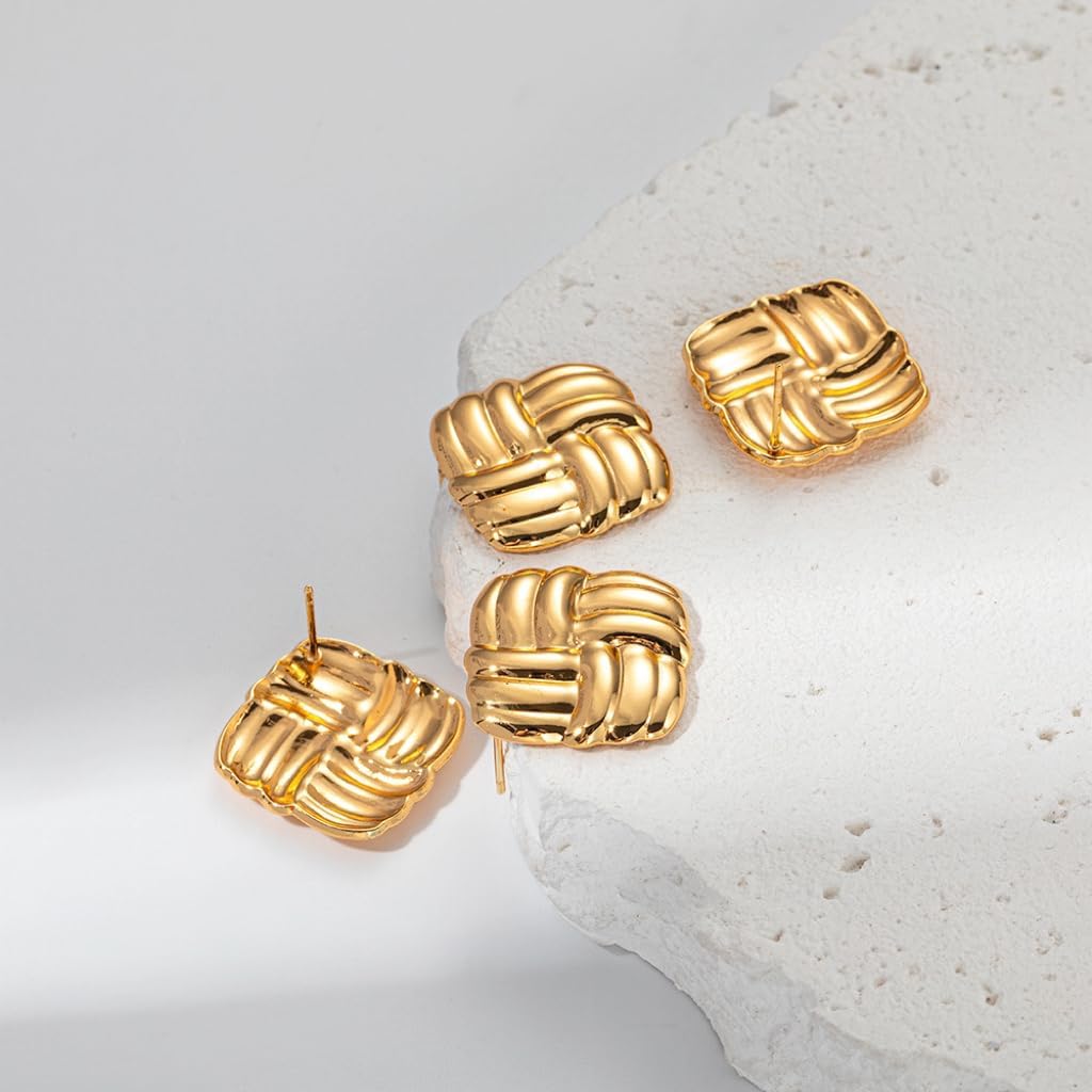 Gold Statement Chunky Stud Earrings for Women，Geometric Square Textured Vintage Trendy Jewelry