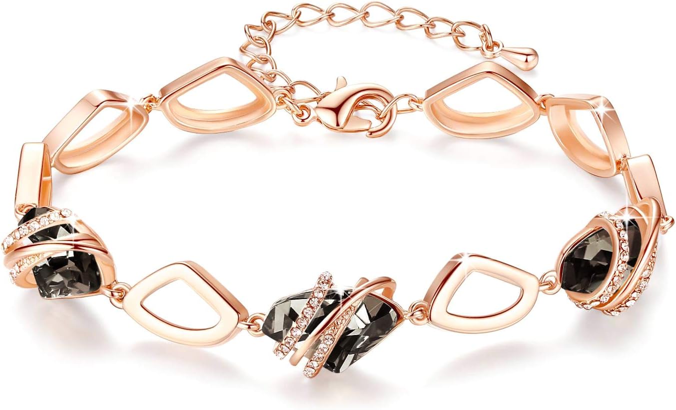 Leafael Wishstone Crystal Link Charm Bracelet, Birthstone Bracelets with Healing Crystals, Allergy-Free Jewellery for Women with Gift Box, Silver-Tone or Rose Gold Plated Bracelets For Women