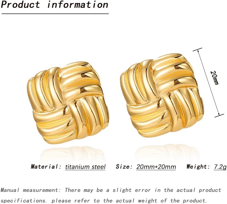 Gold Statement Chunky Stud Earrings for Women，Geometric Square Textured Vintage Trendy Jewelry