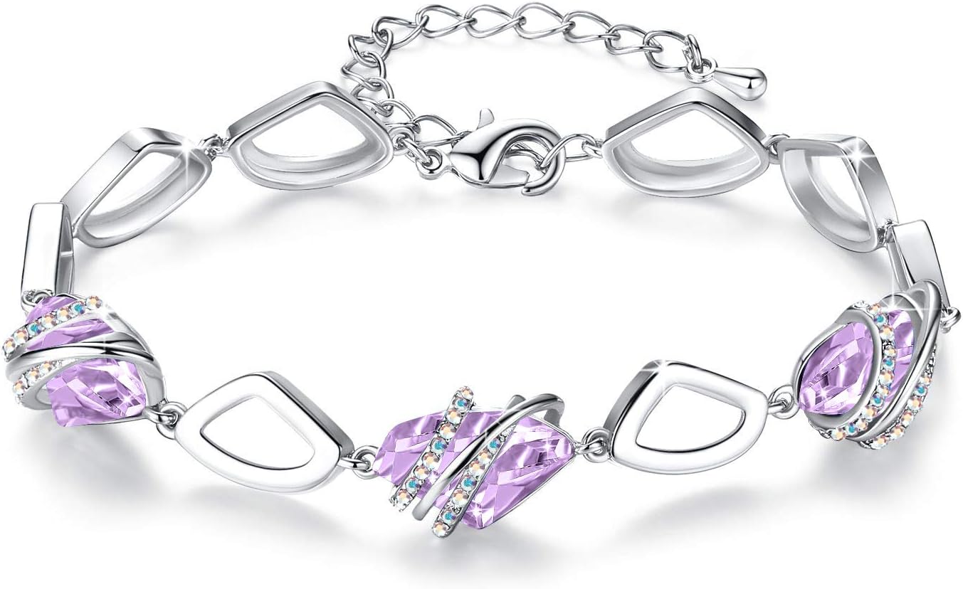 Leafael Wishstone Crystal Link Charm Bracelet, Birthstone Bracelets with Healing Crystals, Allergy-Free Jewellery for Women with Gift Box, Silver-Tone or Rose Gold Plated Bracelets For Women