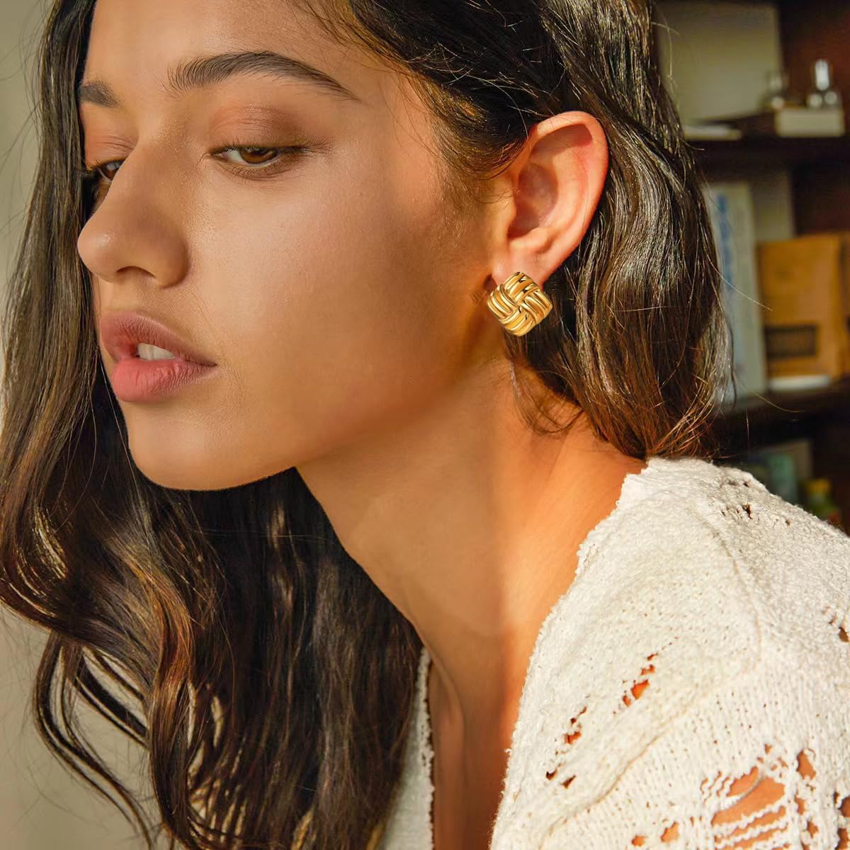 Gold Statement Chunky Stud Earrings for Women，Geometric Square Textured Vintage Trendy Jewelry