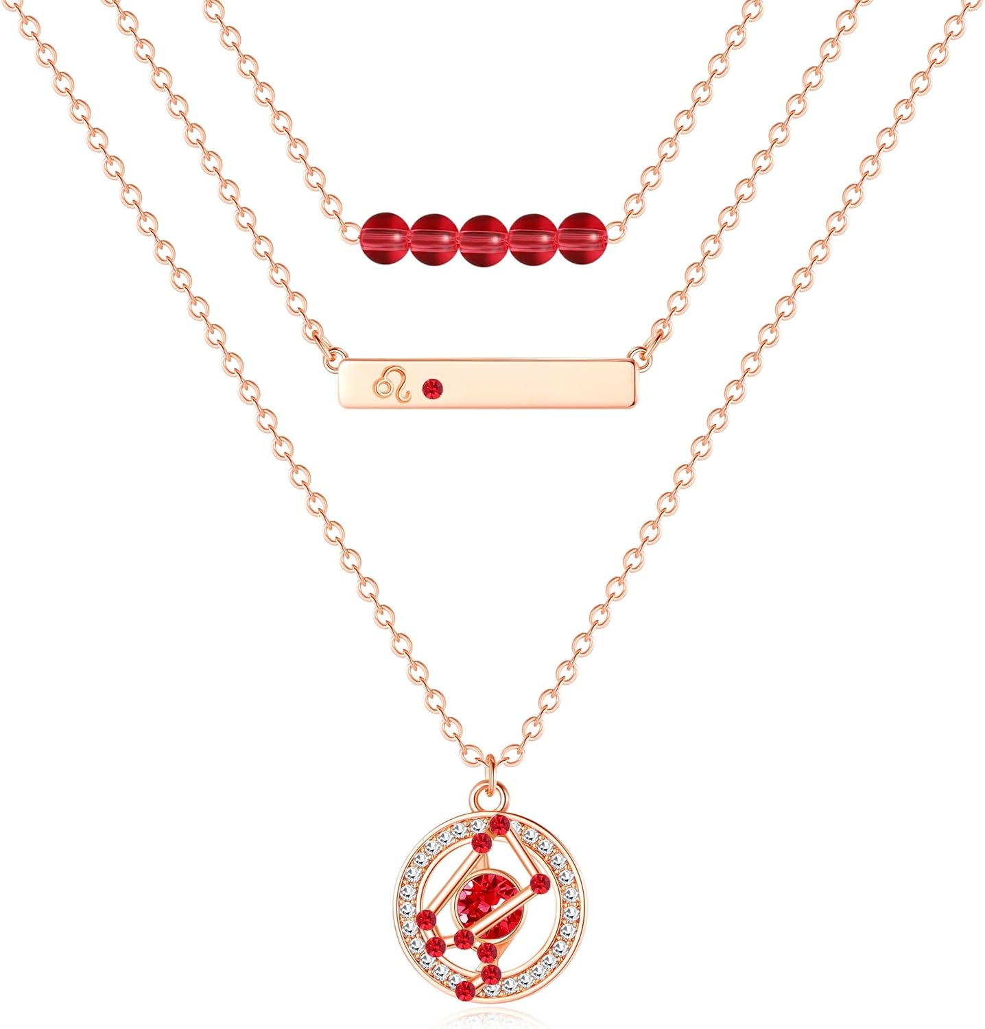Dainty Layered Zodiac Necklaces for Women, 18K Rose Gold Plated, Bead Bar Y Pendant Multilayer Necklace, Birthstone Crystals Horoscope, Layering Minimalist Jewelry Birthday Gifts for Wife Mom Girls