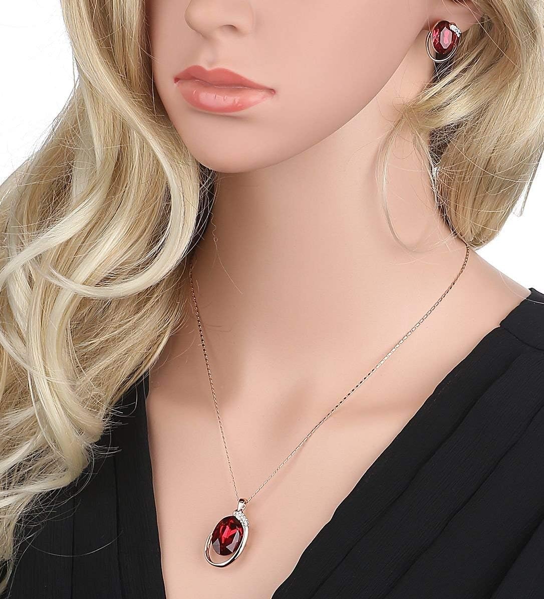 Leafael [Presented by Miss New York Austrian Crystal Oval Double Circle Shape Red Magma Jewelry Set Earrings Pendant Necklace