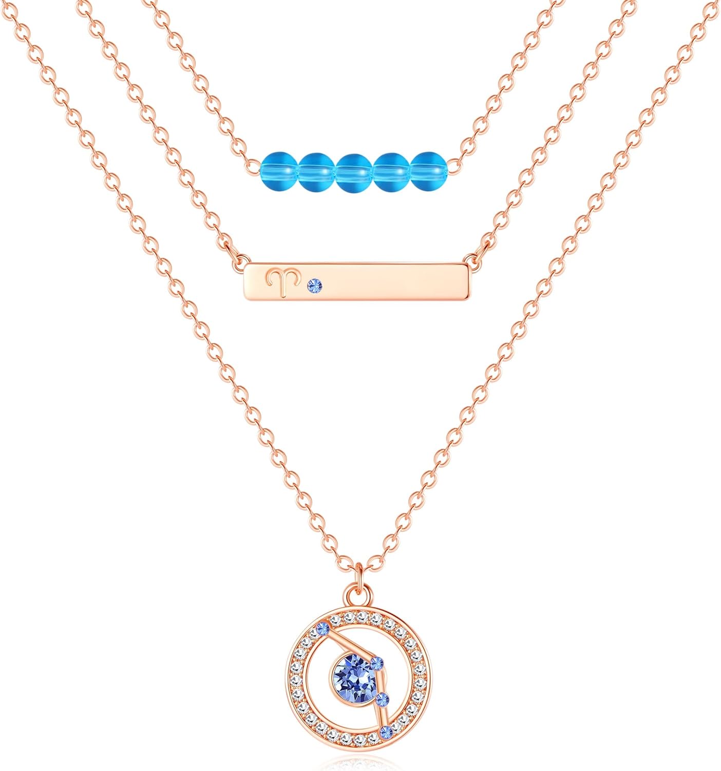 Dainty Layered Zodiac Necklaces for Women, 18K Rose Gold Plated, Bead Bar Y Pendant Multilayer Necklace, Birthstone Crystals Horoscope, Layering Minimalist Jewelry Birthday Gifts for Wife Mom Girls