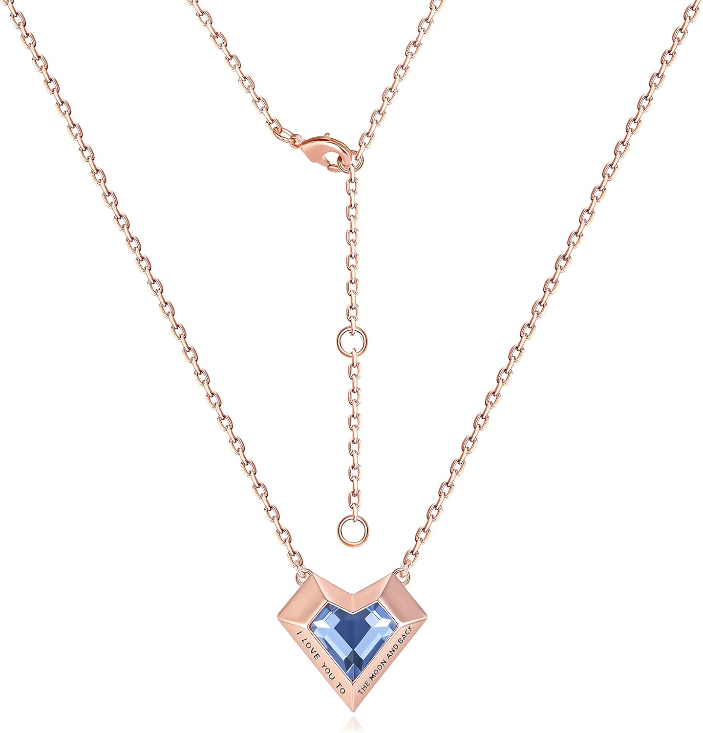 Leafael Ivy Heart Necklaces for Women, 925 Sterling Silver Chain, Birthstone Crystal Geometric 3D Pendant, 18K Rose Gold Plated, Jewelry Gifts for Her, Engraved Words I Love You to The Moon and Back