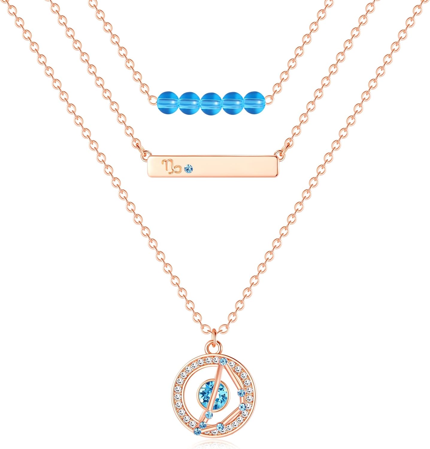 Dainty Layered Zodiac Necklaces for Women, 18K Rose Gold Plated, Bead Bar Y Pendant Multilayer Necklace, Birthstone Crystals Horoscope, Layering Minimalist Jewelry Birthday Gifts for Wife Mom Girls