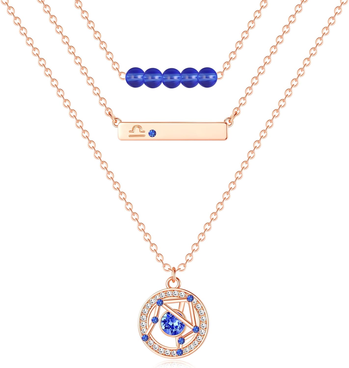 Dainty Layered Zodiac Necklaces for Women, 18K Rose Gold Plated, Bead Bar Y Pendant Multilayer Necklace, Birthstone Crystals Horoscope, Layering Minimalist Jewelry Birthday Gifts for Wife Mom Girls