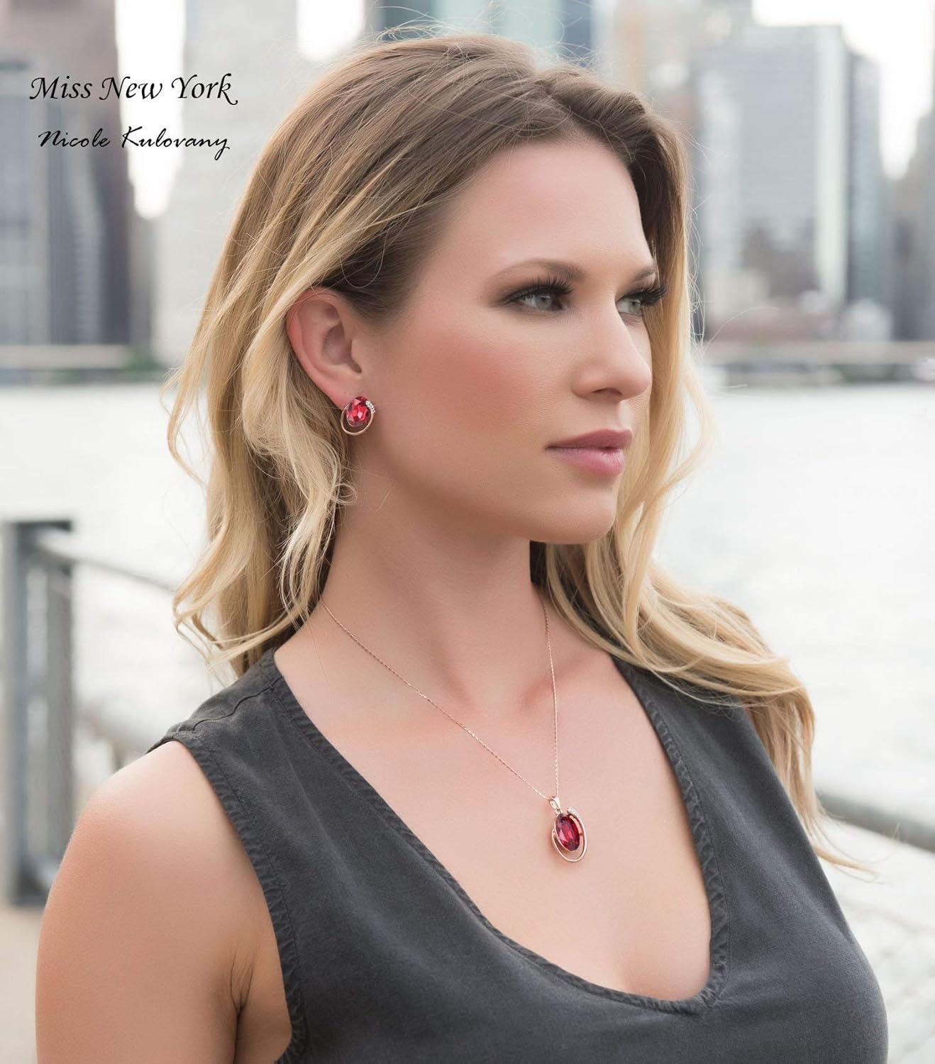 Leafael [Presented by Miss New York Austrian Crystal Oval Double Circle Shape Red Magma Jewelry Set Earrings Pendant Necklace