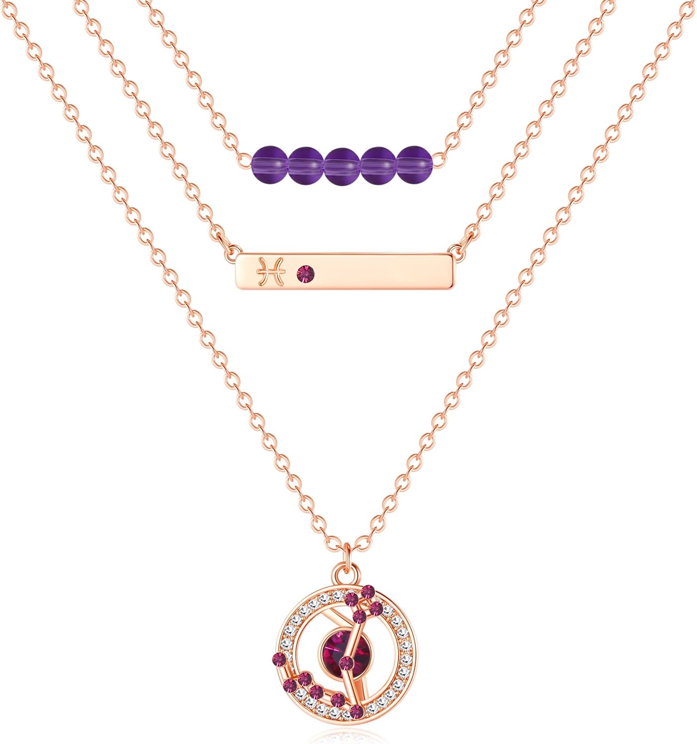 Dainty Layered Zodiac Necklaces for Women, 18K Rose Gold Plated, Bead Bar Y Pendant Multilayer Necklace, Birthstone Crystals Horoscope, Layering Minimalist Jewelry Birthday Gifts for Wife Mom Girls