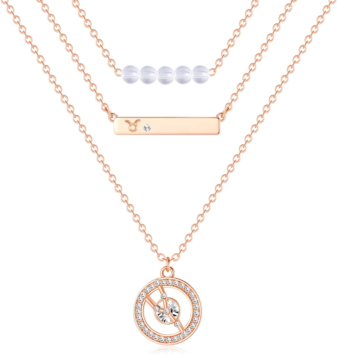 Dainty Layered Zodiac Necklaces for Women, 18K Rose Gold Plated, Bead Bar Y Pendant Multilayer Necklace, Birthstone Crystals Horoscope, Layering Minimalist Jewelry Birthday Gifts for Wife Mom Girls