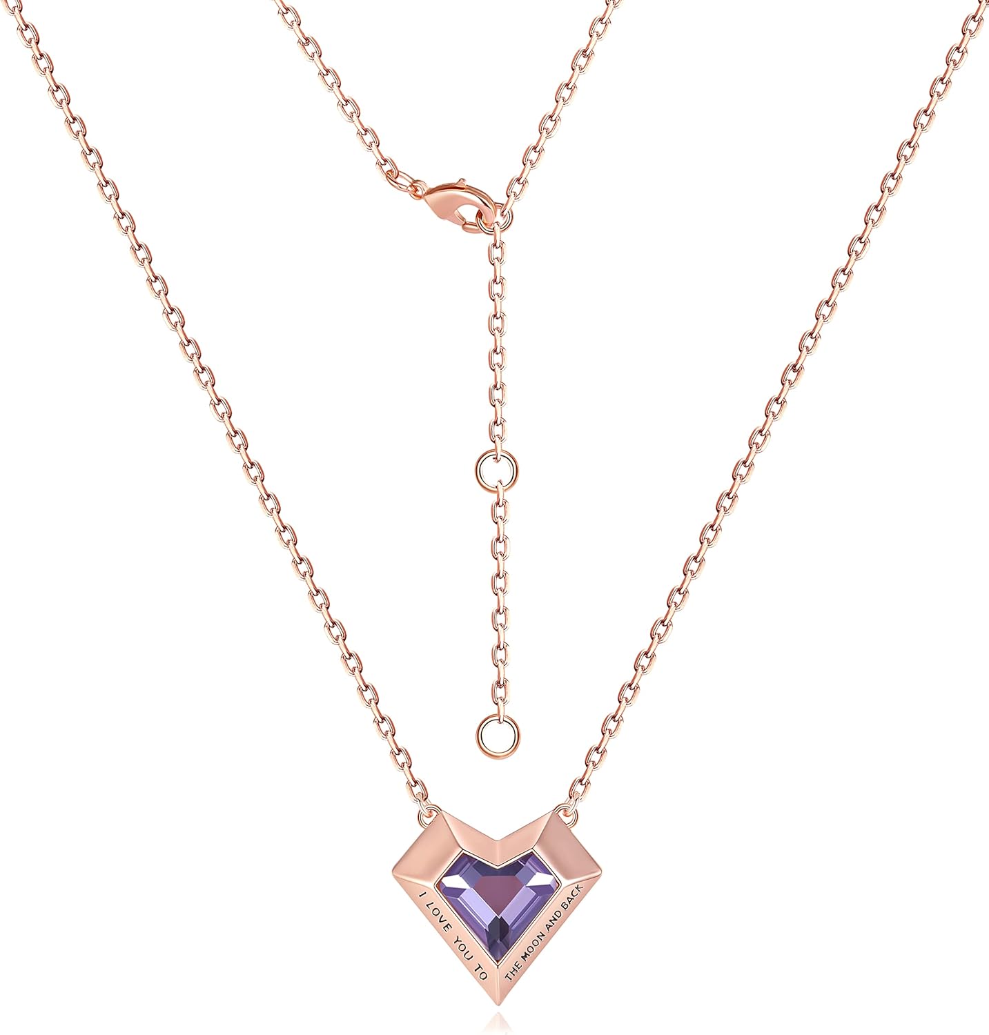 Leafael Ivy Heart Necklaces for Women, 925 Sterling Silver Chain, Birthstone Crystal Geometric 3D Pendant, 18K Rose Gold Plated, Jewelry Gifts for Her, Engraved Words I Love You to The Moon and Back