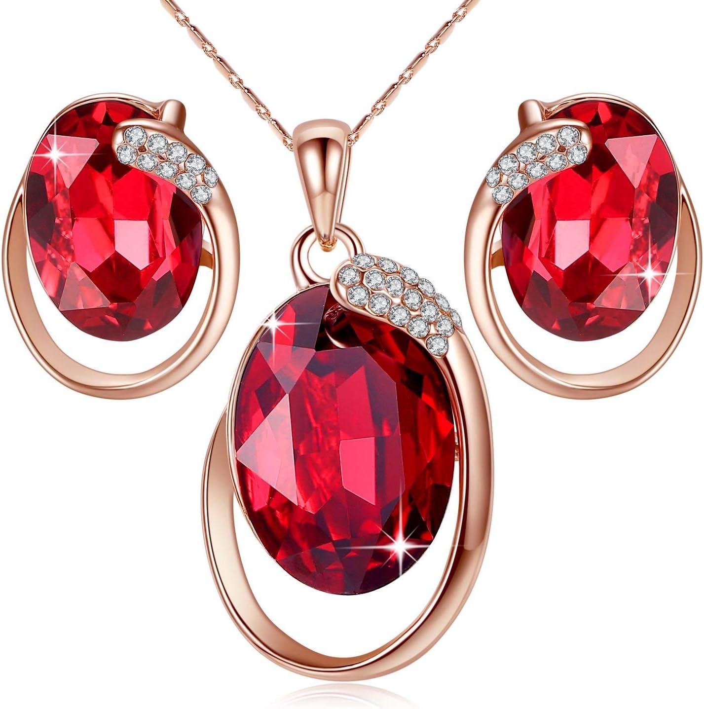 Leafael [Presented by Miss New York Austrian Crystal Oval Double Circle Shape Red Magma Jewelry Set Earrings Pendant Necklace