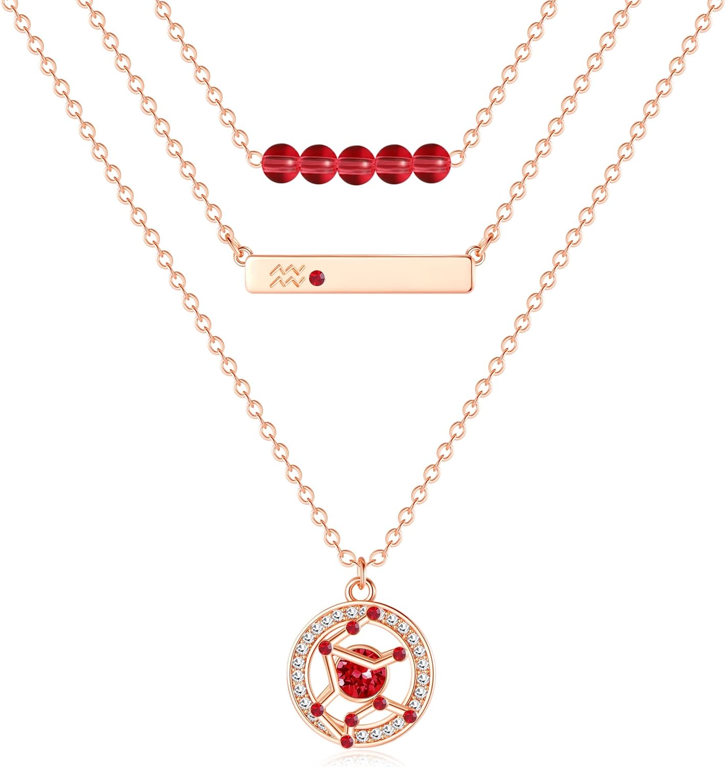 Dainty Layered Zodiac Necklaces for Women, 18K Rose Gold Plated, Bead Bar Y Pendant Multilayer Necklace, Birthstone Crystals Horoscope, Layering Minimalist Jewelry Birthday Gifts for Wife Mom Girls