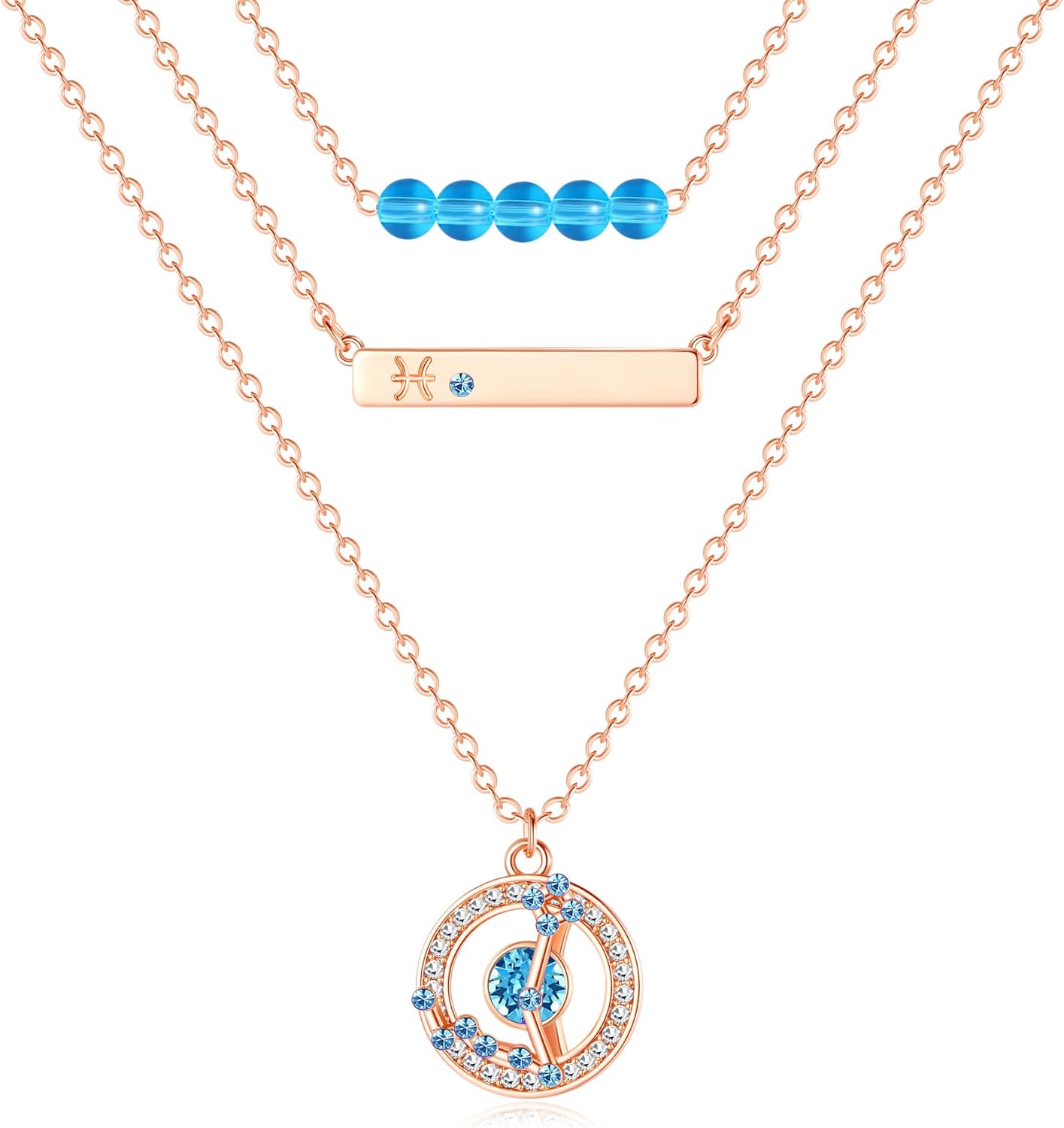 Dainty Layered Zodiac Necklaces for Women, 18K Rose Gold Plated, Bead Bar Y Pendant Multilayer Necklace, Birthstone Crystals Horoscope, Layering Minimalist Jewelry Birthday Gifts for Wife Mom Girls
