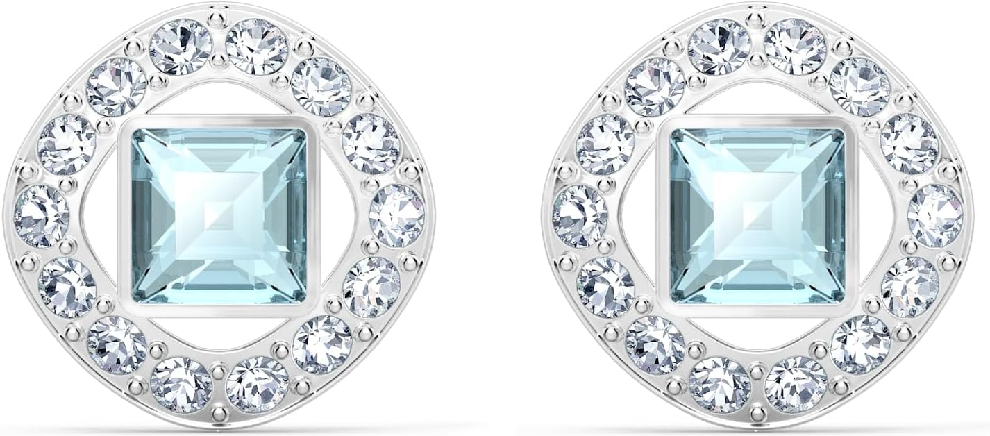 Swarovski Amazon Exclusive Una Angelic Stud Earrings Collection, Square Cut, Blue, Pink or White Crystals in a Rhodium Plated Setting