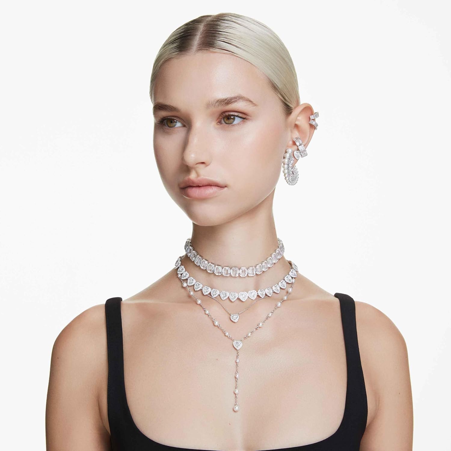 Ariana Grande x Swarovski Earrings, Necklace and Bracelet Collection, White Heart and Round Cut Crystals in a Rhodium Plated Setting
