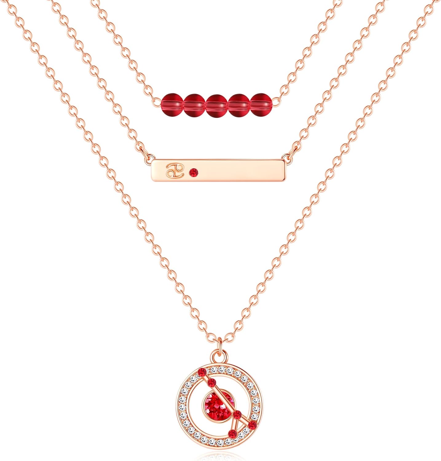 Dainty Layered Zodiac Necklaces for Women, 18K Rose Gold Plated, Bead Bar Y Pendant Multilayer Necklace, Birthstone Crystals Horoscope, Layering Minimalist Jewelry Birthday Gifts for Wife Mom Girls