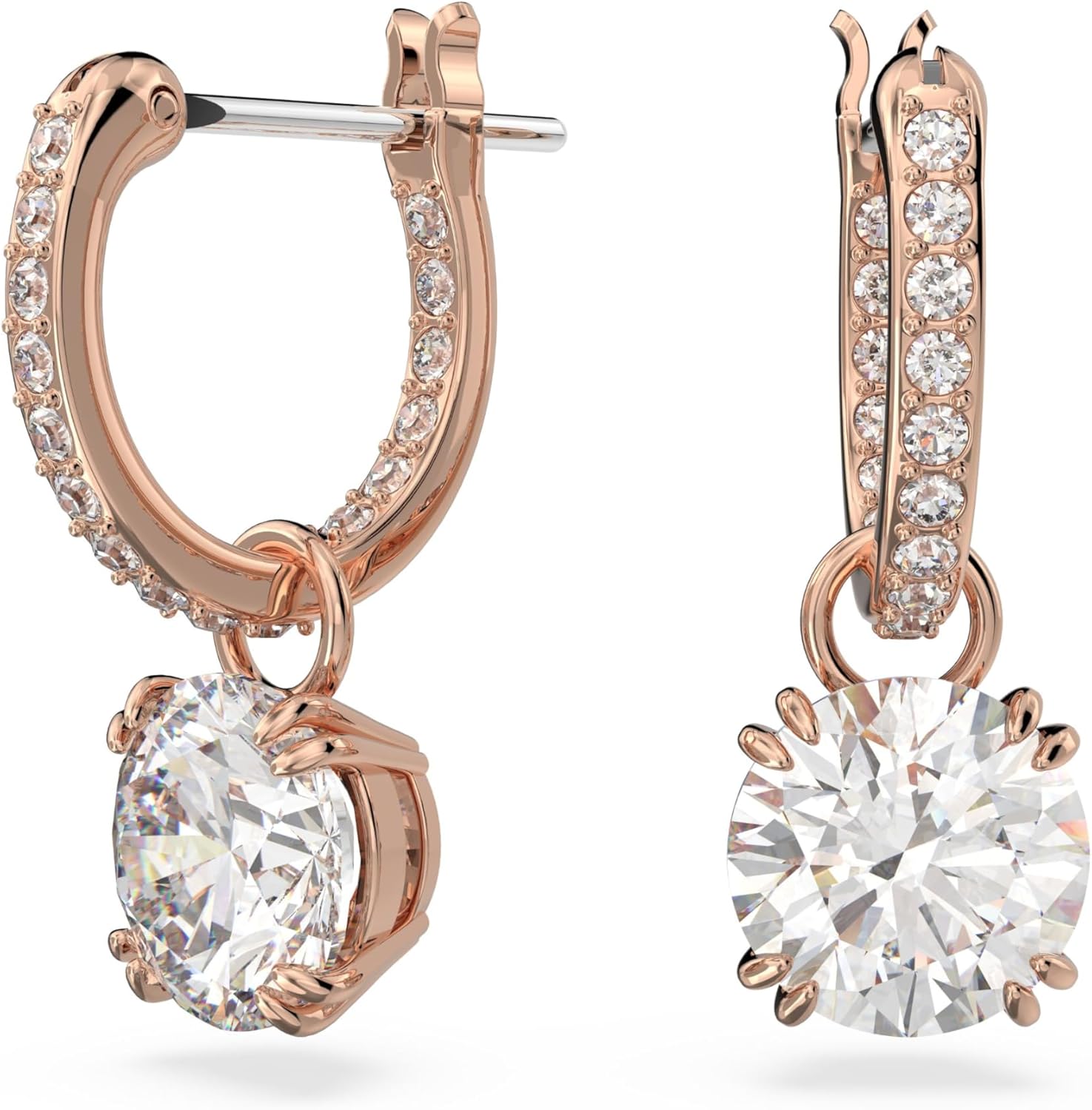 Swarovski Stilla Drop Earrings Collection, White Round Cut and Pavé Crystals in a Rhodium, Rose Gold-Tone or Gold-Tone Plated Setting