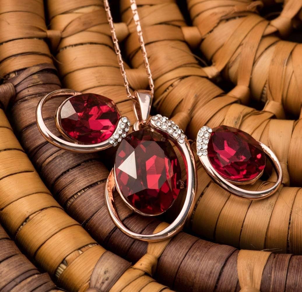 Leafael [Presented by Miss New York Austrian Crystal Oval Double Circle Shape Red Magma Jewelry Set Earrings Pendant Necklace