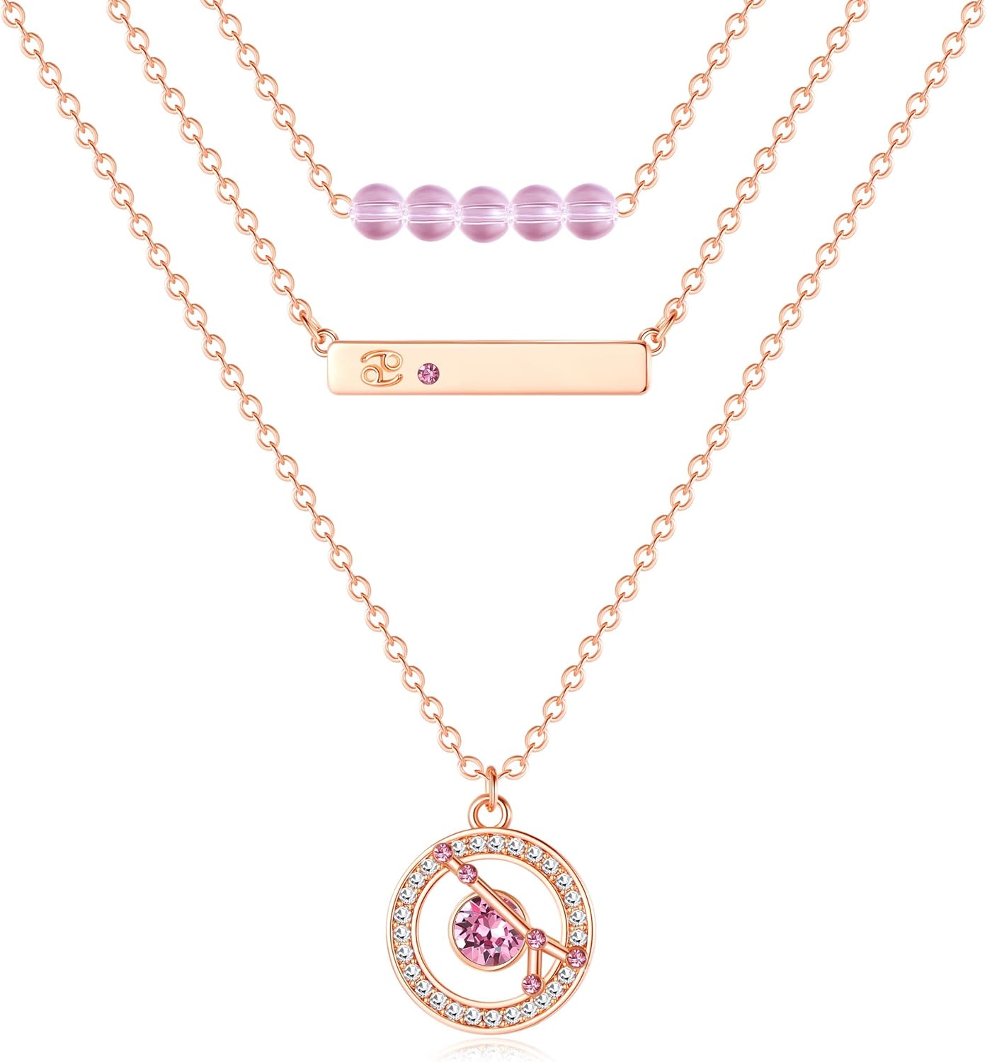 Dainty Layered Zodiac Necklaces for Women, 18K Rose Gold Plated, Bead Bar Y Pendant Multilayer Necklace, Birthstone Crystals Horoscope, Layering Minimalist Jewelry Birthday Gifts for Wife Mom Girls