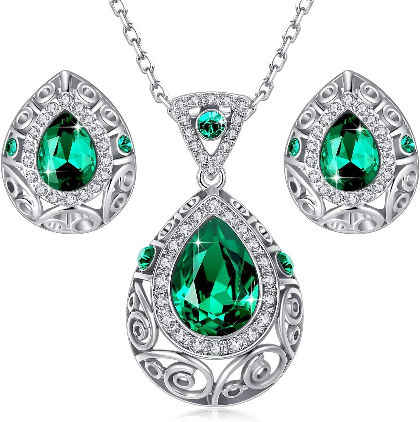 [Presented by Miss New York] Leafael Teardrop Filigree Vintage Style Jewelry Set Earrings Pendant Necklace Made with Premium Crystals, Silver-tone, 18" + 2", Nickel/Lead Free, Gift Box