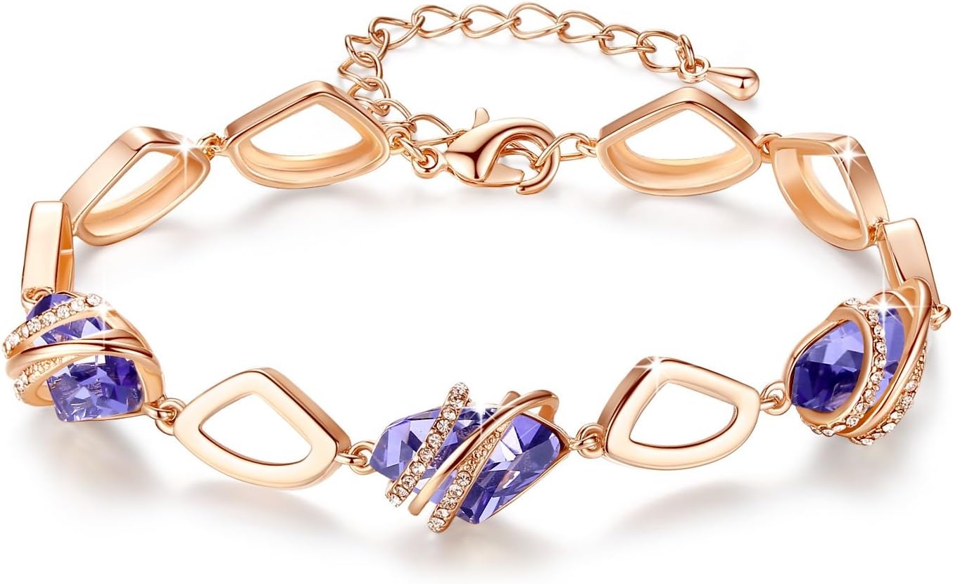 Leafael Wishstone Crystal Link Charm Bracelet, Birthstone Bracelets with Healing Crystals, Allergy-Free Jewellery for Women with Gift Box, Silver-Tone or Rose Gold Plated Bracelets For Women