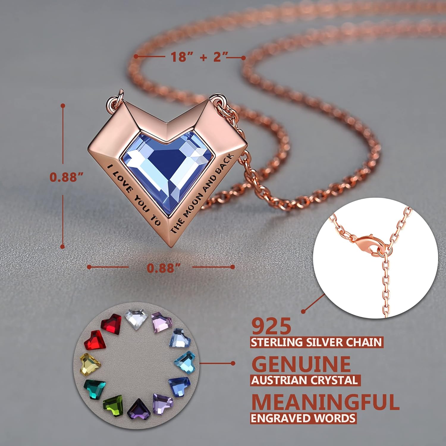 Leafael Ivy Heart Necklaces for Women, 925 Sterling Silver Chain, Birthstone Crystal Geometric 3D Pendant, 18K Rose Gold Plated, Jewelry Gifts for Her, Engraved Words I Love You to The Moon and Back