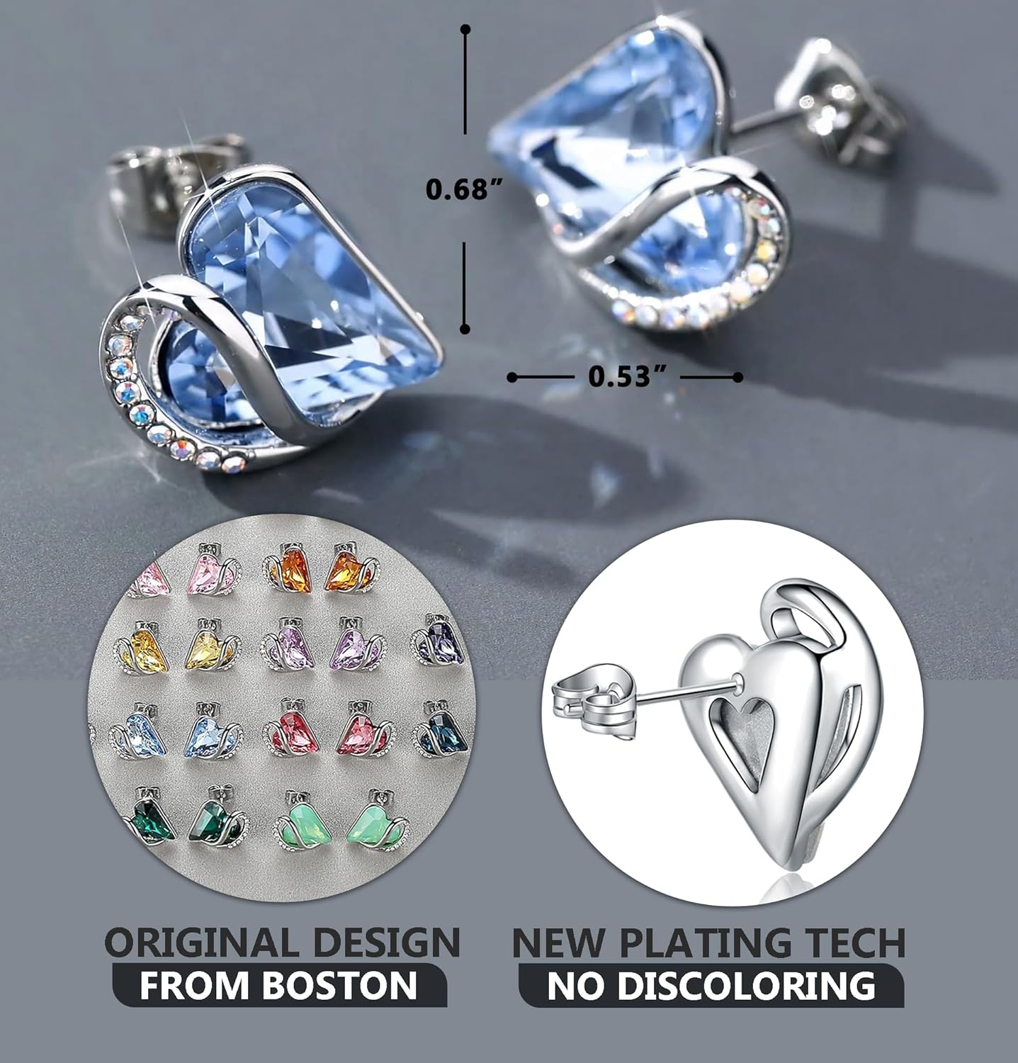 Leafael Infinity Love Heart Birthstone Earrings for Women, Crystal Stud Earrings with Healing Stones, Allergy-Free Jewelry for Women with Gift Box, Silver-tone Birthstone Crystals Earrings