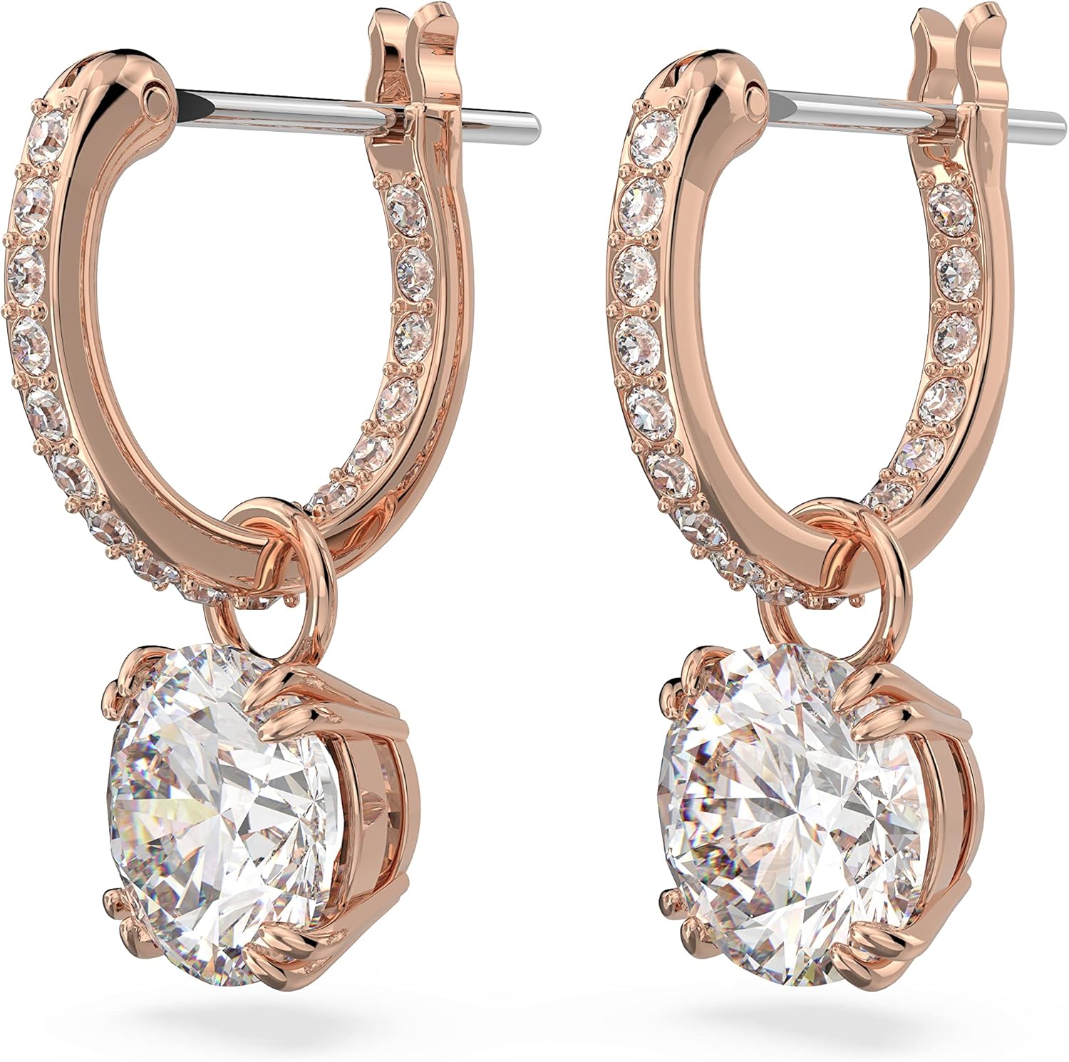 Swarovski Stilla Drop Earrings Collection, White Round Cut and Pavé Crystals in a Rhodium, Rose Gold-Tone or Gold-Tone Plated Setting