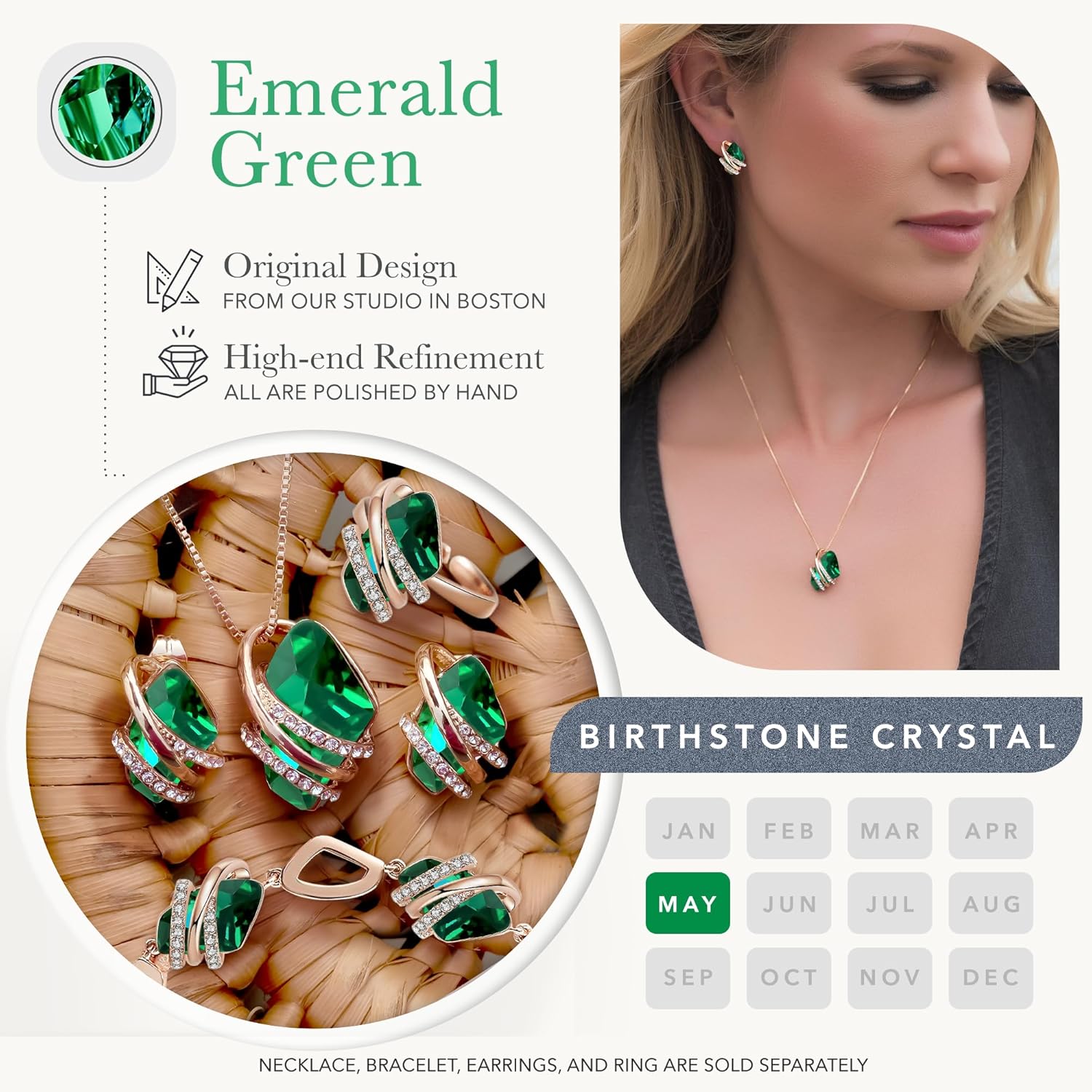 Leafael Wish Stone Pendant Necklace, Necklaces for Women with Birthstone Crystals, Allergy-Free Jewelry for Women with Gift Box, 18K Rose Gold Plated or Silver-tone Birthstone Necklace for Women