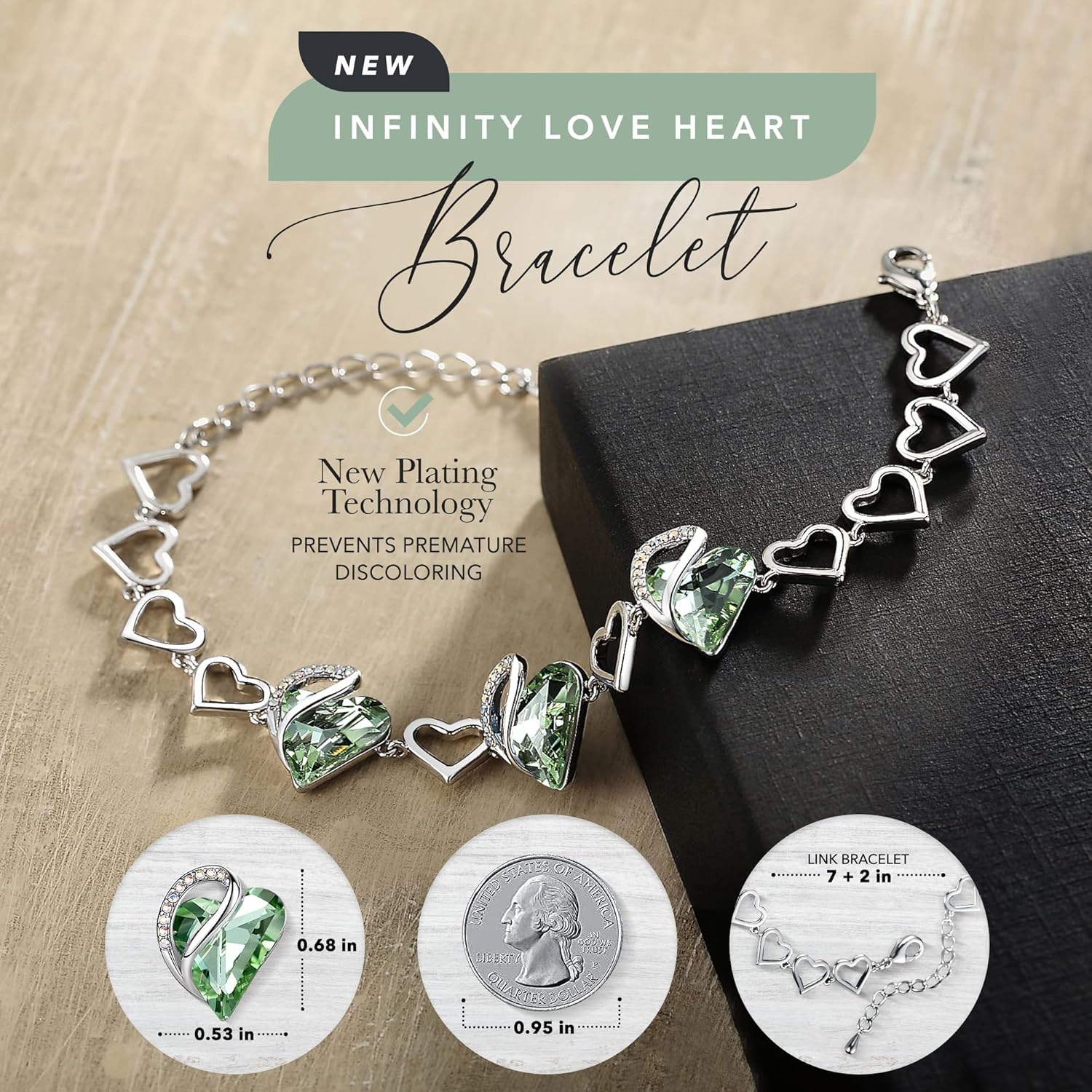 Leafael Infinity Love Heart Bracelet, Birthstone Bracelets For Women with Healing Crystals, Allergy-Free Jewellery for Women with Gift Box, Silver-Tone Link Charm Bracelet, 7-inch chain 2-inch Extender