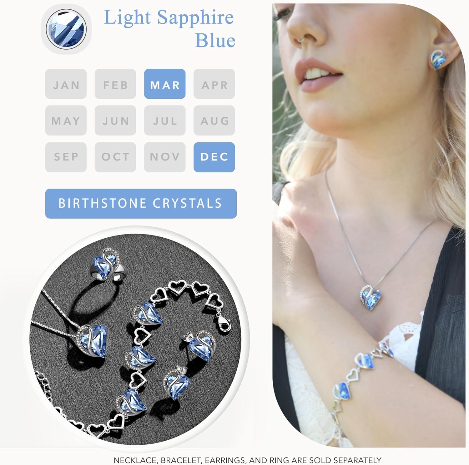 Leafael Infinity Love Heart Birthstone Earrings for Women, Crystal Stud Earrings with Healing Stones, Allergy-Free Jewelry for Women with Gift Box, Silver-tone Birthstone Crystals Earrings