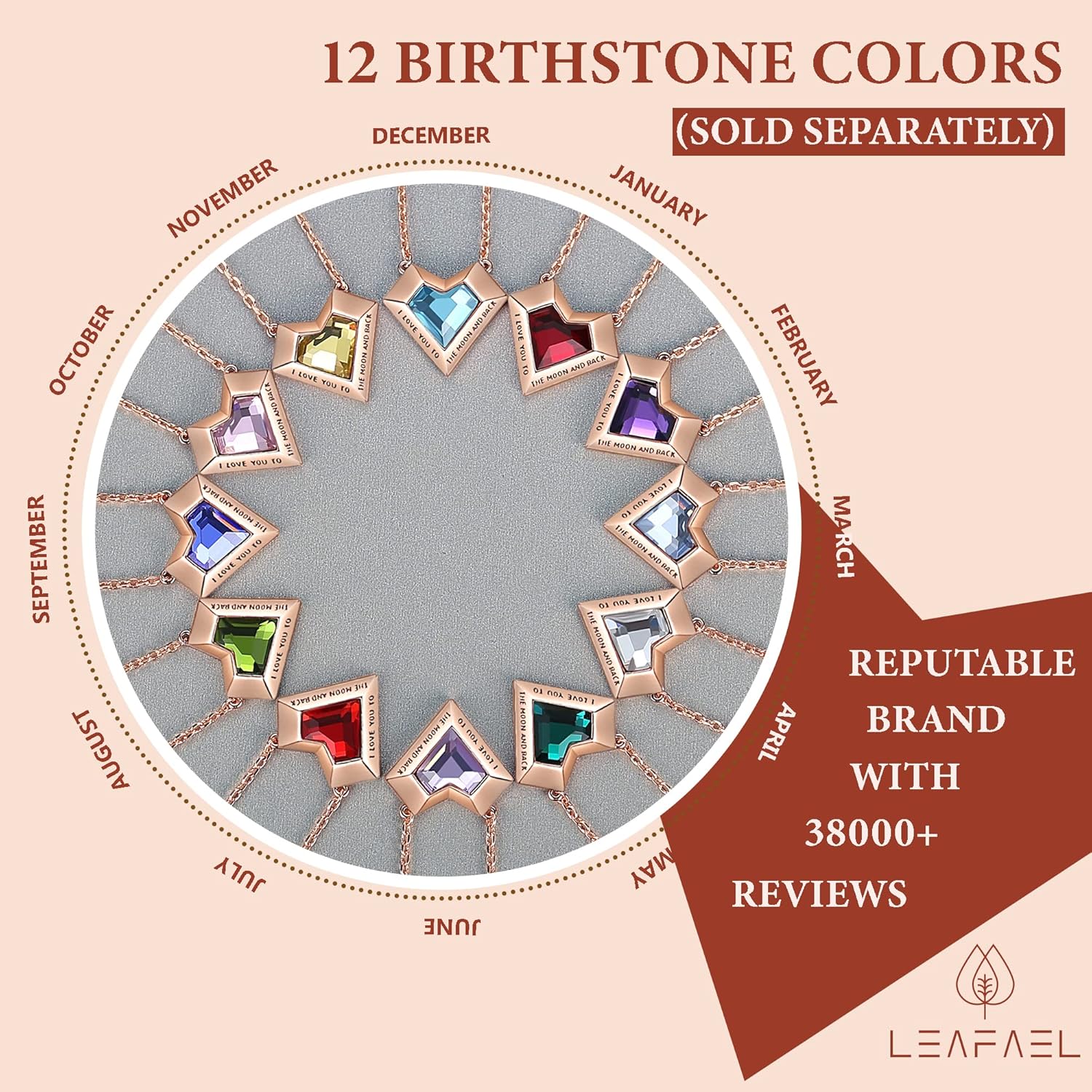 Leafael Ivy Heart Necklaces for Women, 925 Sterling Silver Chain, Birthstone Crystal Geometric 3D Pendant, 18K Rose Gold Plated, Jewelry Gifts for Her, Engraved Words I Love You to The Moon and Back