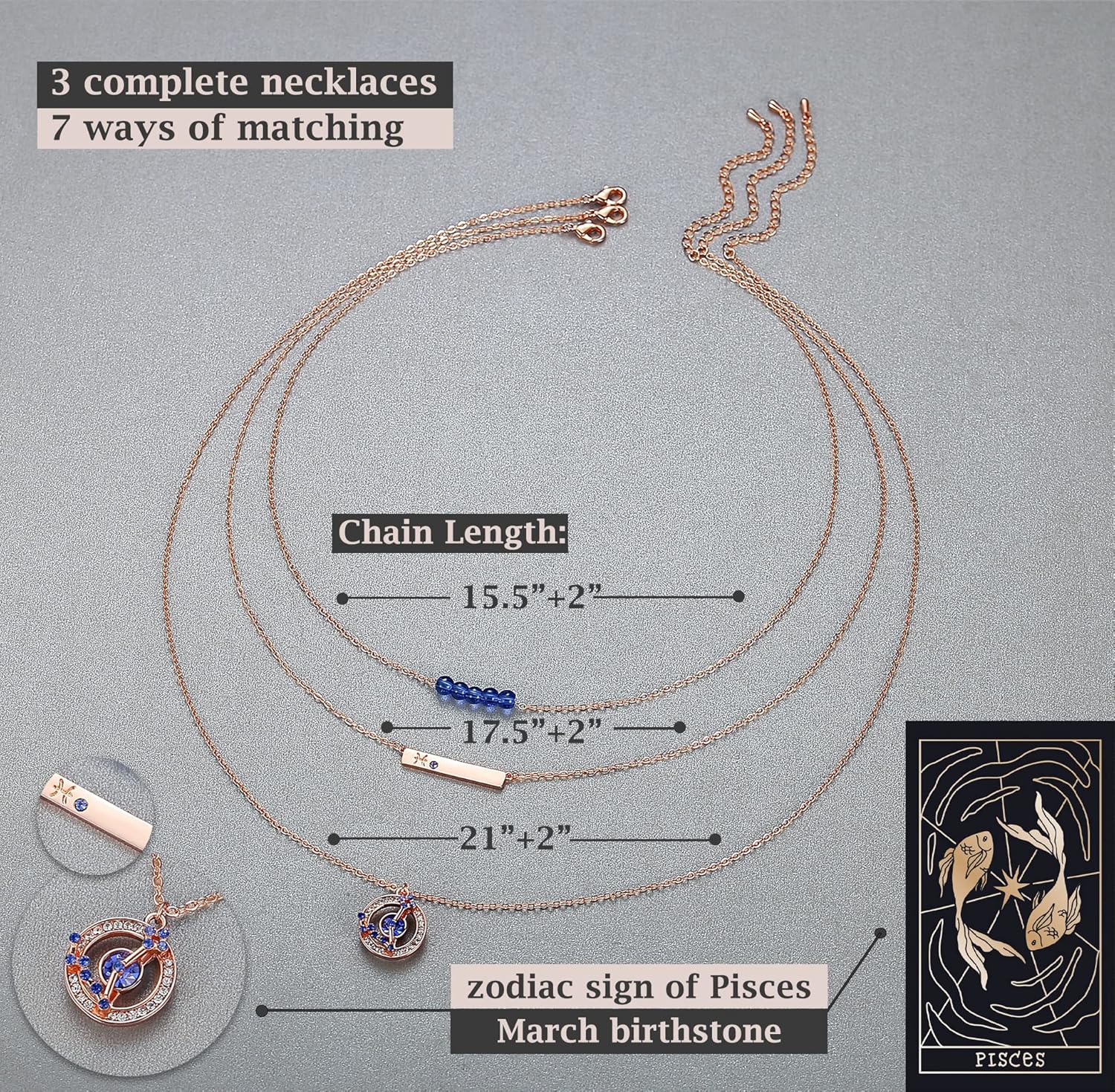 Dainty Layered Zodiac Necklaces for Women, 18K Rose Gold Plated, Bead Bar Y Pendant Multilayer Necklace, Birthstone Crystals Horoscope, Layering Minimalist Jewelry Birthday Gifts for Wife Mom Girls