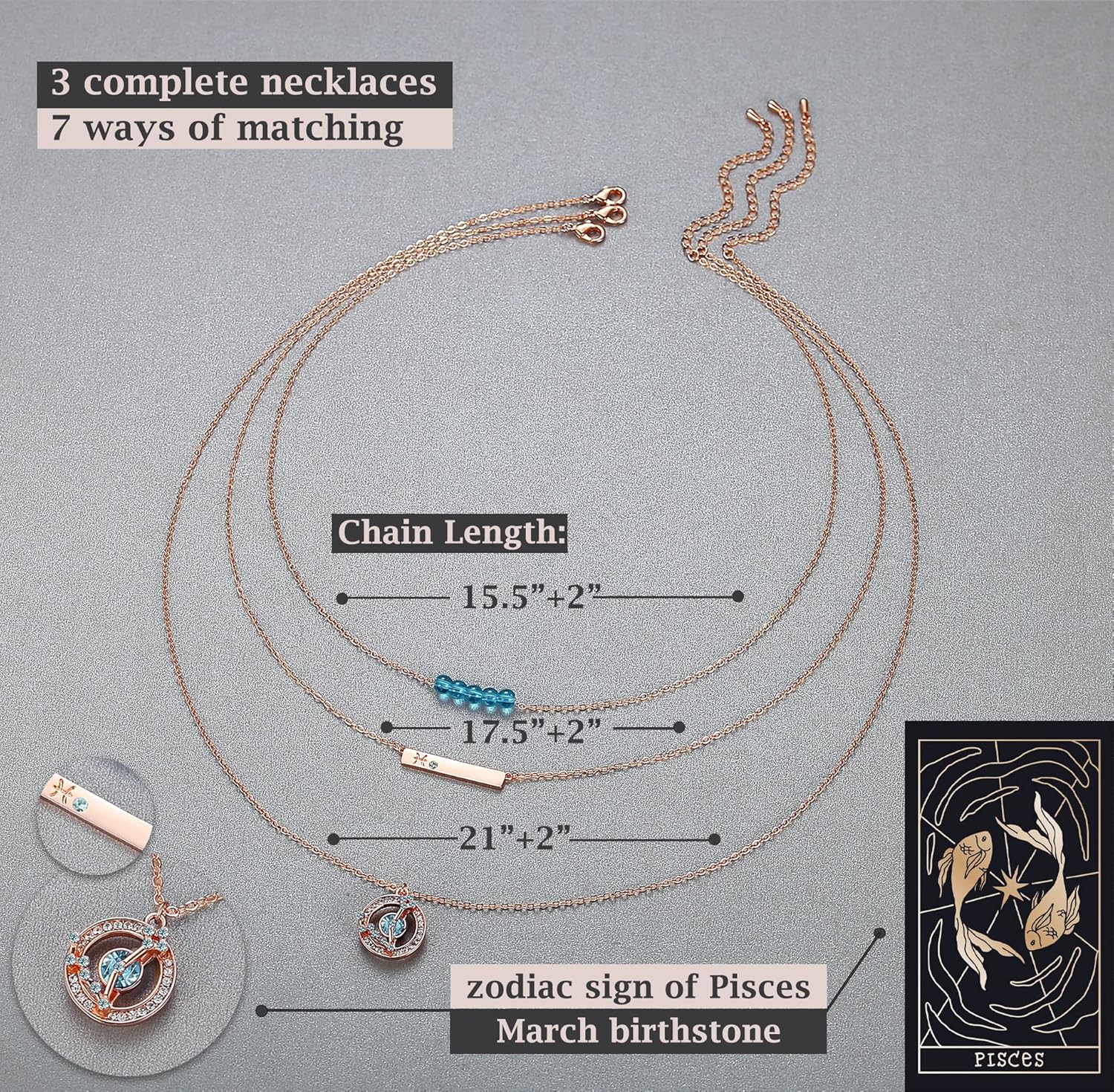 Dainty Layered Zodiac Necklaces for Women, 18K Rose Gold Plated, Bead Bar Y Pendant Multilayer Necklace, Birthstone Crystals Horoscope, Layering Minimalist Jewelry Birthday Gifts for Wife Mom Girls