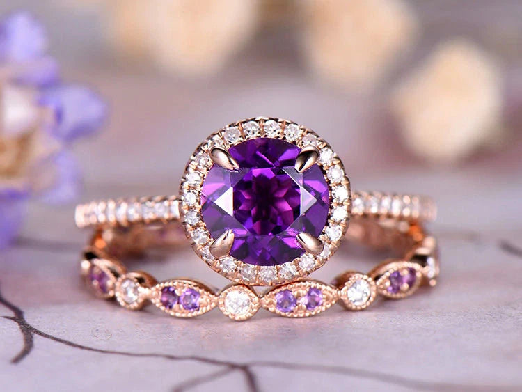 The Sovereign Bridal Set | 2 CT Amethyst Halo in Rose Gold